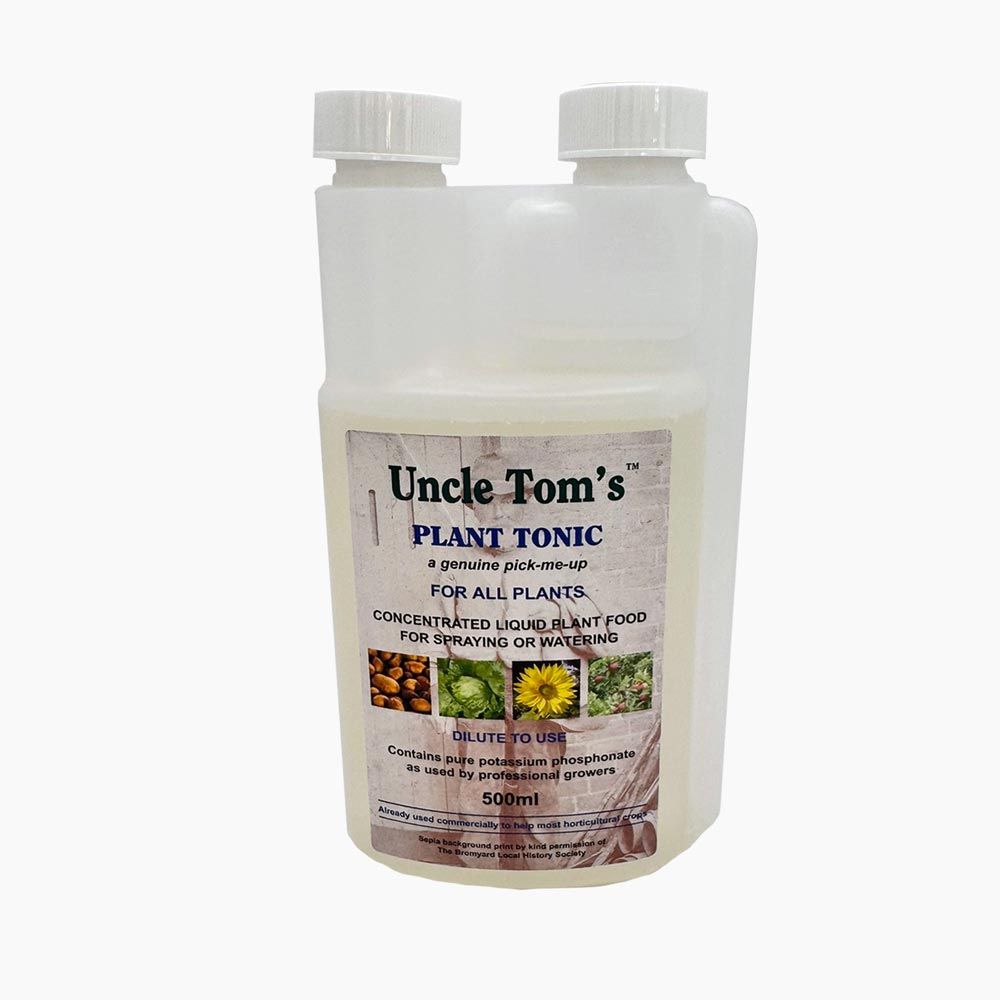 Bottle of Uncle Tom's Plant Tonic, liquid plant food for spraying or watering, 500ml.